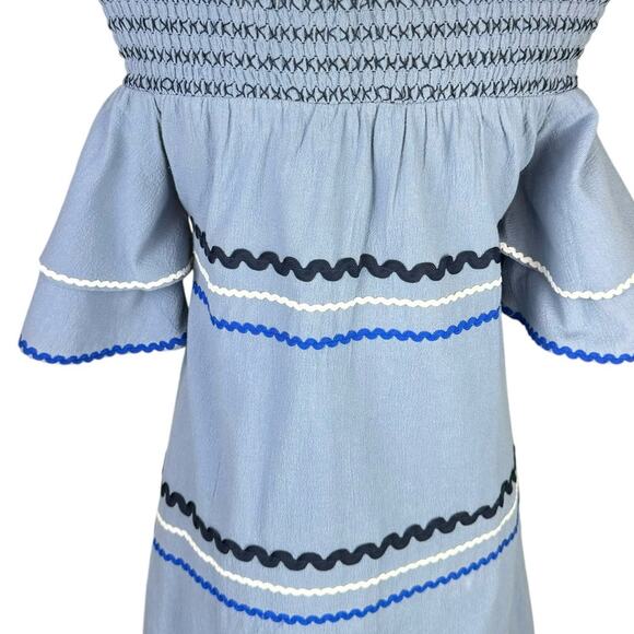 Mud Pie NWT Finnigan Blue Smocked Off the Shoulder Ric Rac MIni Dress Coastal - Picture 6 of 11